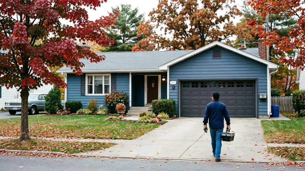 A technician walks toward a blue house with a dark gray garage door.