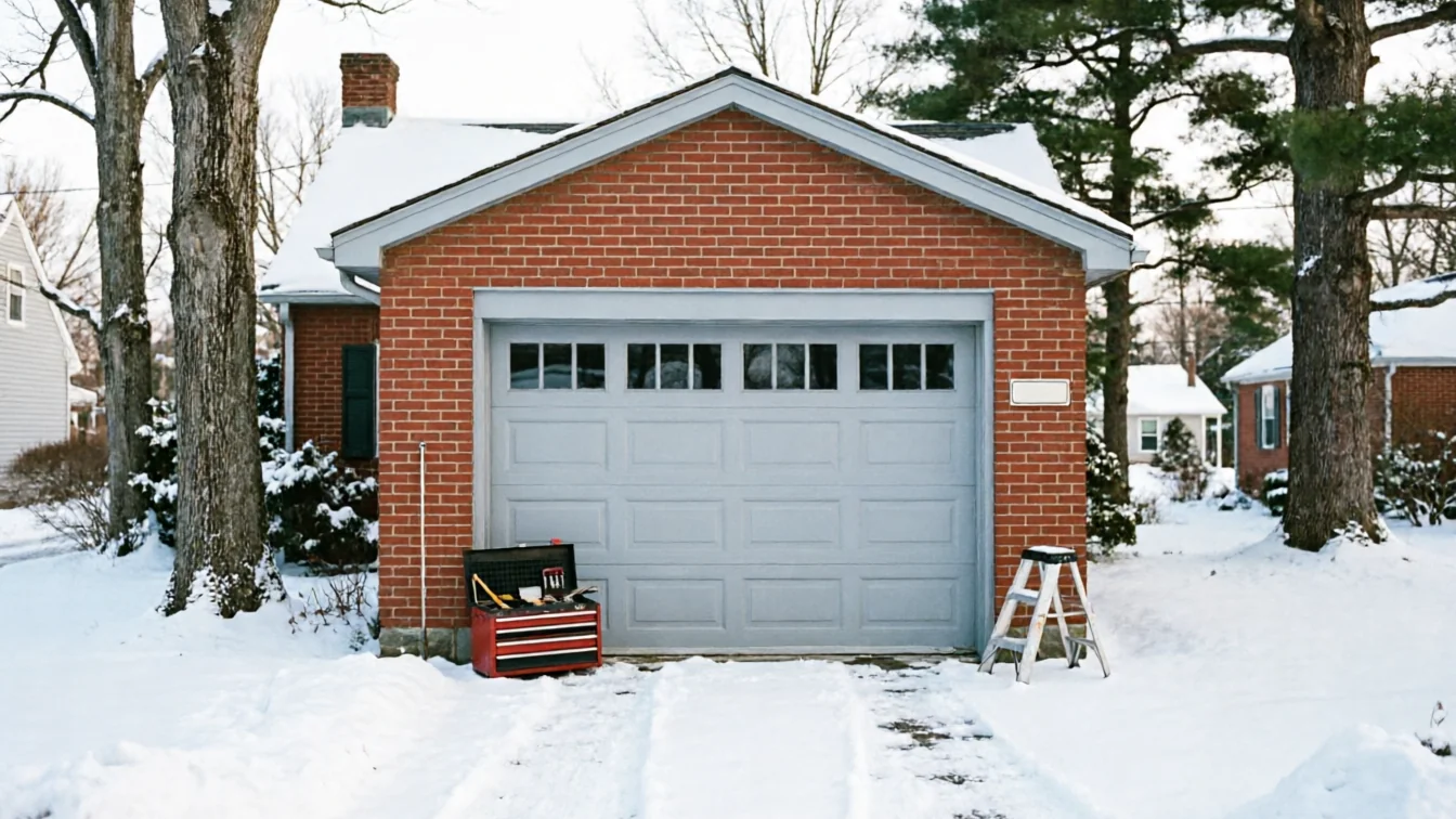 The red brick garage has a light gray garage door with windows, a toolbox, and a ladder in the snow.
