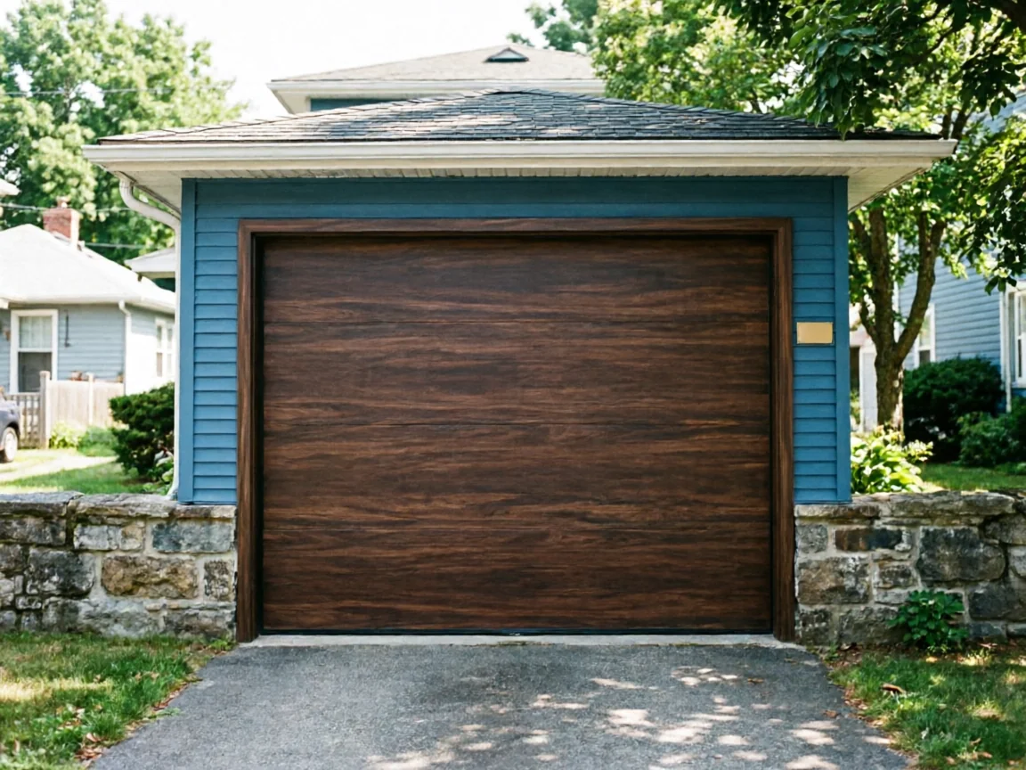 A dark wood garage door is set in a blue garage with a stone base.