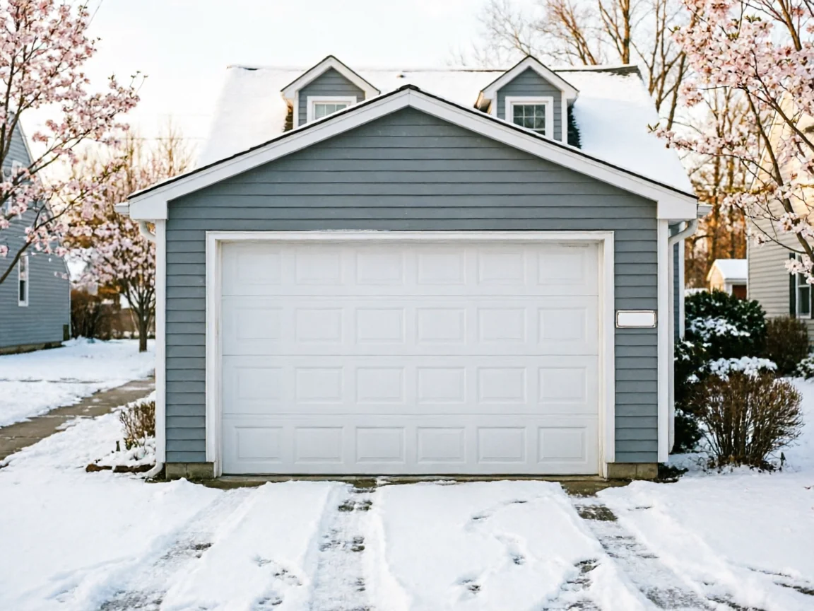 A white garage door on a gray house with snow on the ground.